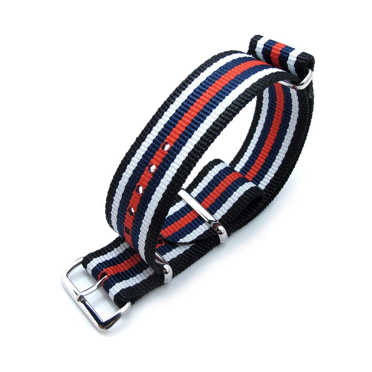 MiLTAT 21mm or 22mm G10 NATO Bullet Tail Watch Strap Ballistic Nylon Polished Black White Blue &amp; Red Stripes Strapcode Watch Bands