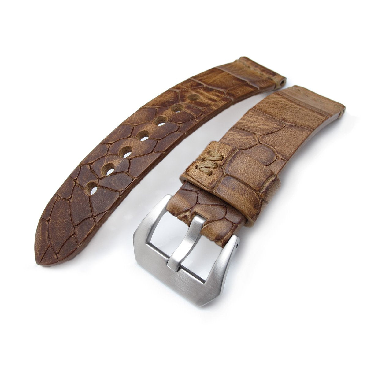 MiLTAT Zizz Collection 22mm Cracked Croco Middle Brown Watch Strap Brown Stitching Strapcode Watch Bands