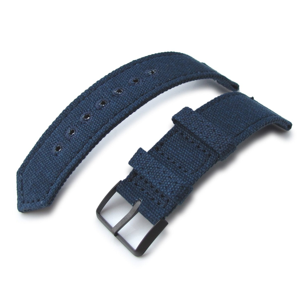 20mm 21mm or 22mm MiLTAT WW2 2-piece Navy Washed Canvas Watch Band with lockstitch round hole PVD Black Strapcode Watch Bands