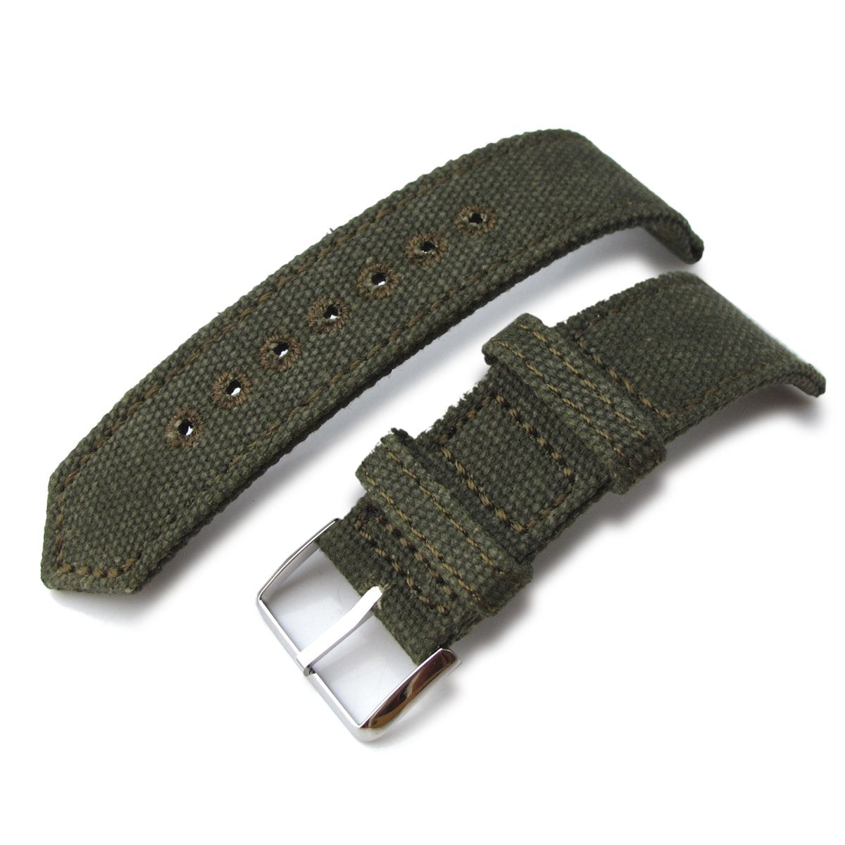 20mm 21mm or 22mm MiLTAT WW2 2-piece Military Green Washed Canvas Watch Band with lockstitch round hole Polished Strapcode Watch Bands