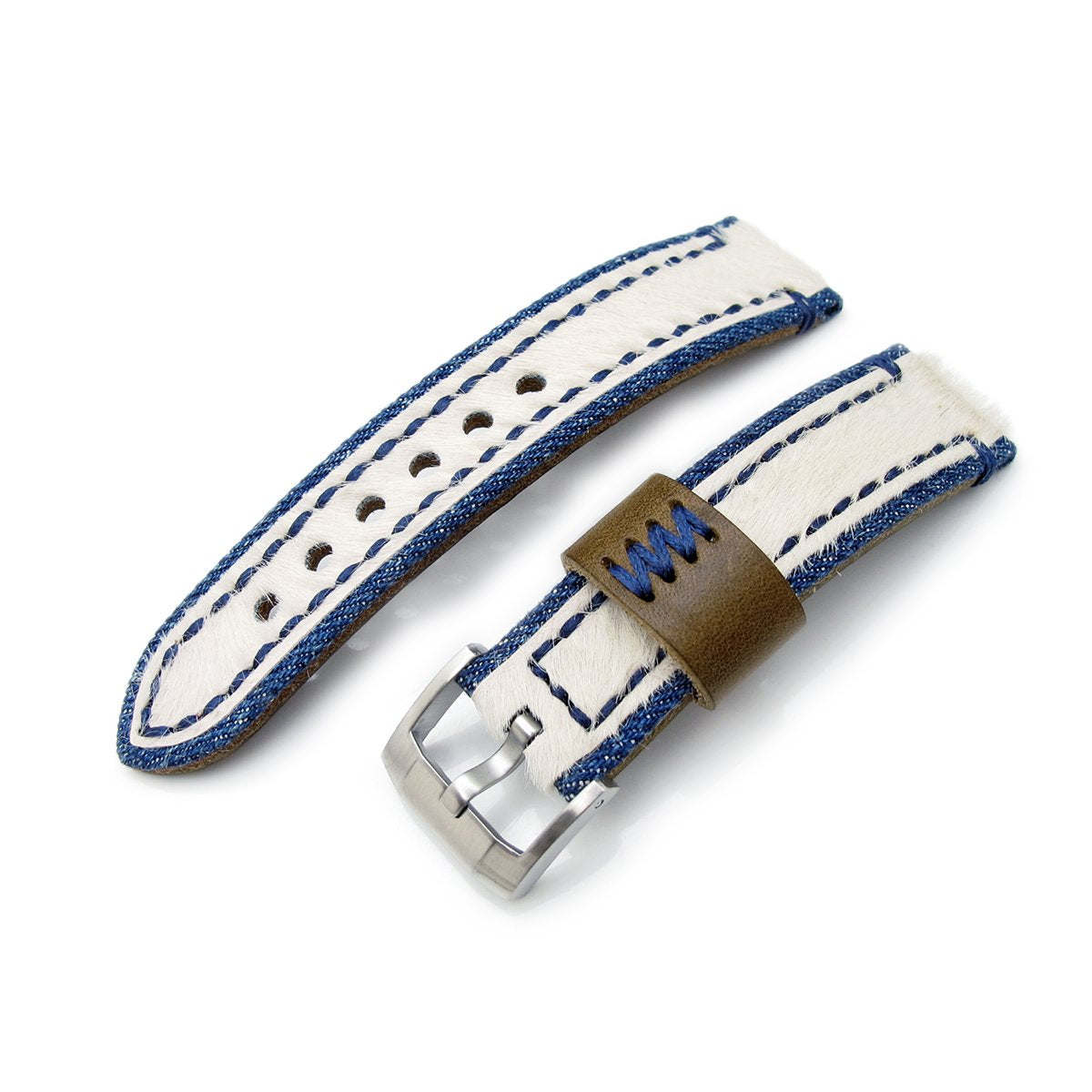 22mm MiLTAT Zizz Collection Beige Fur &amp; Calf Watch Strap Blue Wax Hand Stitching Strapcode Watch Bands