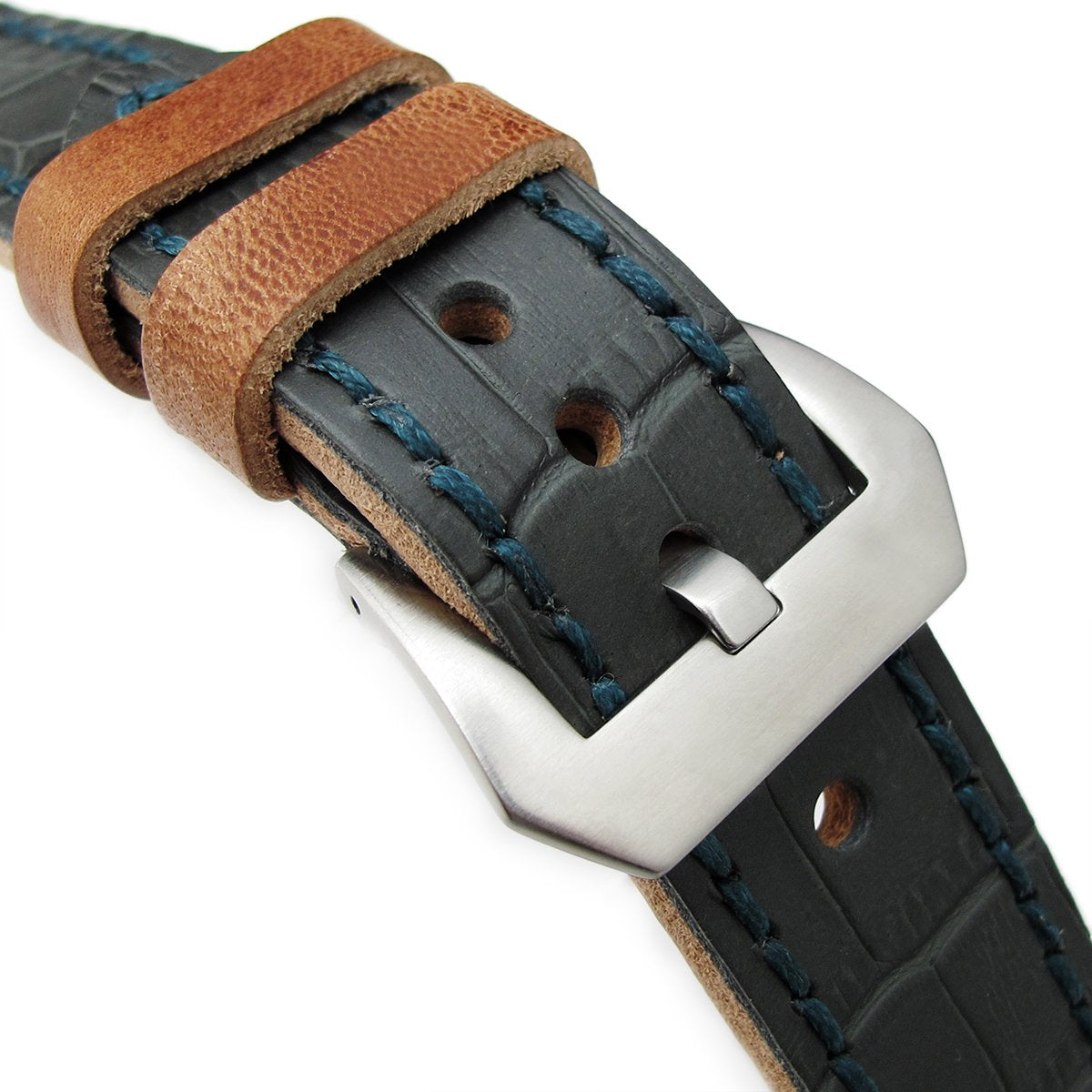 22mm MiLTAT Antipode Watch Strap Dark Grey CrocoCalf in Lake Blue Hand Stitches Strapcode Watch Bands