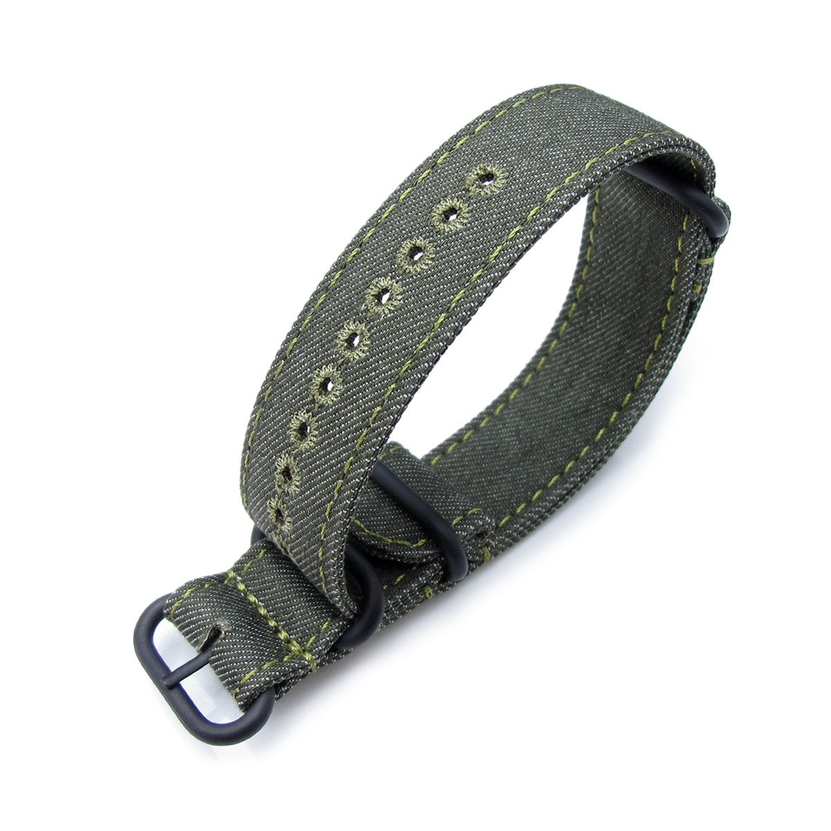MiLTAT 20mm or 22mm Washed Canvas Zulu Military Green Double Thickness Watch Strap Lockstitch Hole Green Stitches PVD Strapcode Watch Bands