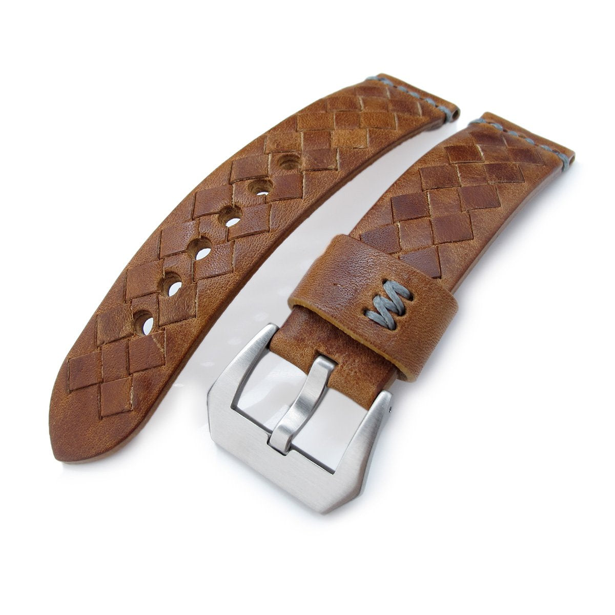 MiLTAT Zizz Collection 22mm Braided Calf Leather Watch Strap Tawny Brown Grey Stitches Strapcode Watch Bands