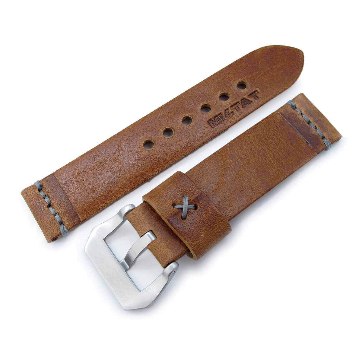 MiLTAT Zizz Collection 22mm Braided Calf Leather Watch Strap Tawny Brown Grey Stitches Strapcode Watch Bands