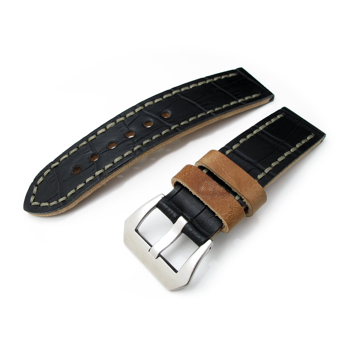 22mm MiLTAT Antipode Watch Strap Matte Black CrocoCalf in Grey Hand Stitches Strapcode Watch Bands