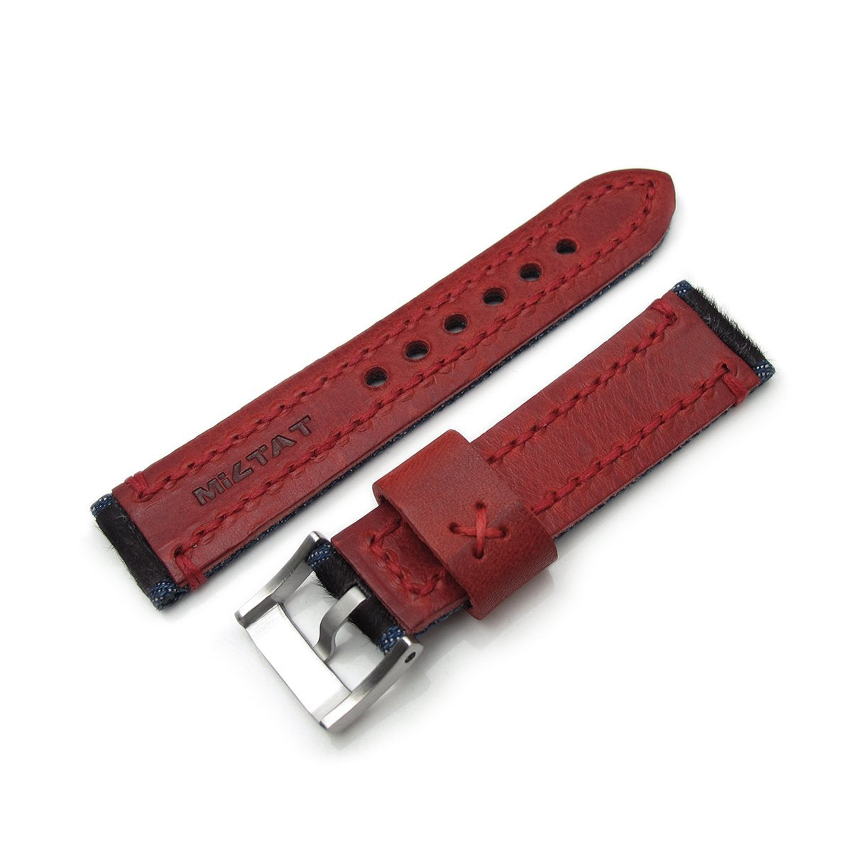 22mm MiLTAT Zizz Collection Brown Fur & Calf Watch Strap Red Wax Hand Stitching Strapcode Watch Bands