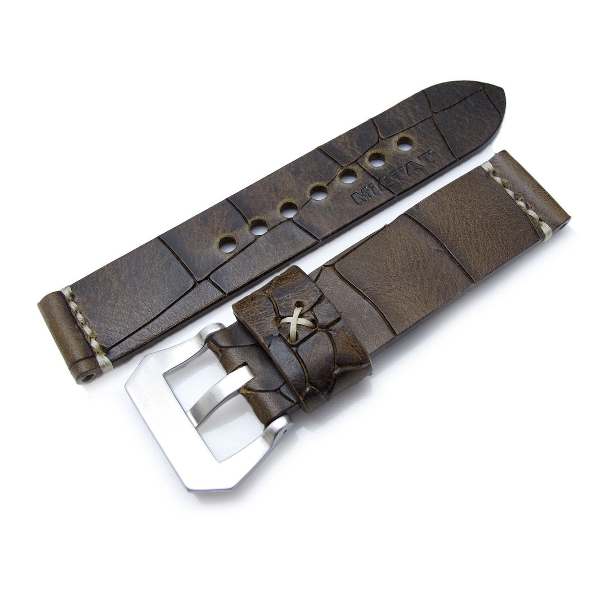 MiLTAT Zizz Collection 22mm Cracked Croco Dark Brown Watch Strap Beige Stitching Strapcode Watch Bands