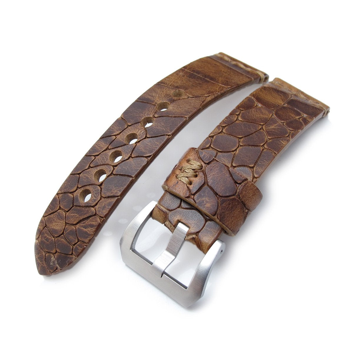 MiLTAT Zizz Collection 24mm Cracked Croco Middle Brown Watch Strap Brown Stitching Strapcode Watch Bands
