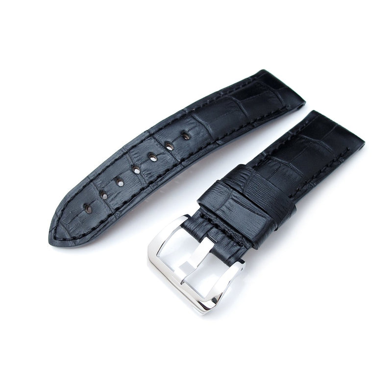 24mm Croco Grain Matte Black Watch Strap with Black Stitches | Strapcode