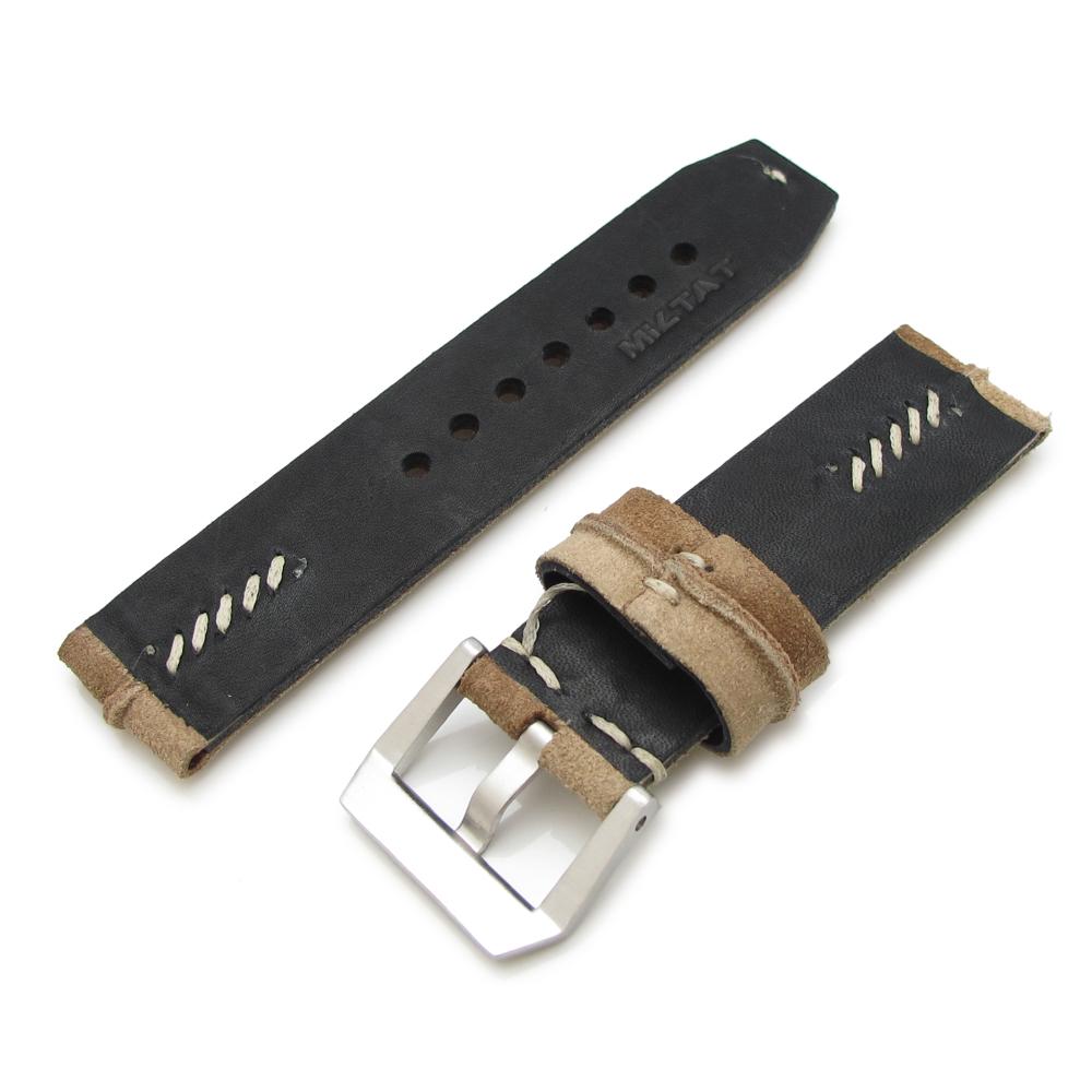 24mm MiLTAT Sand + L Brown Ridge Design Suede watch strap Beige Hand Stitch Strapcode Watch Bands