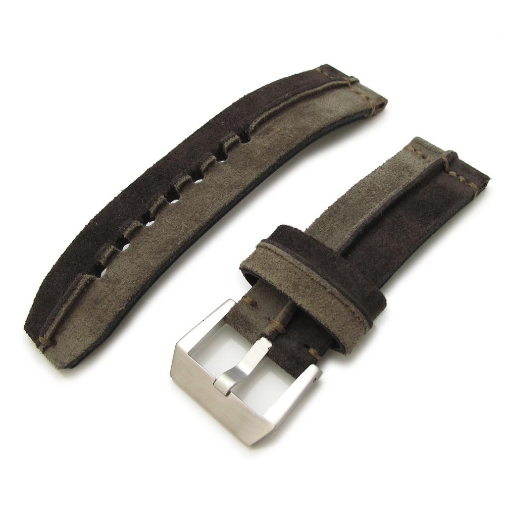 24mm MiLTAT Khaki + D Brown Ridge Design Suede watch strap Olive Hand Stitch Strapcode Watch Bands