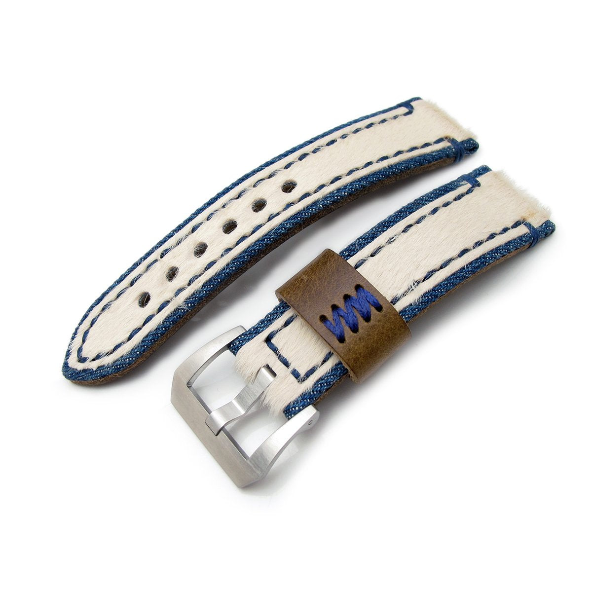 24mm MiLTAT Zizz Collection Beige Fur &amp; Calf Watch Strap Blue Wax Hand Stitching Strapcode Watch Bands