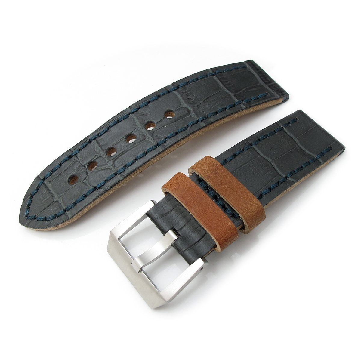 24mm MiLTAT Antipode Watch Strap Dark Grey CrocoCalf in Lake Blue Hand Stitches Strapcode Watch Bands