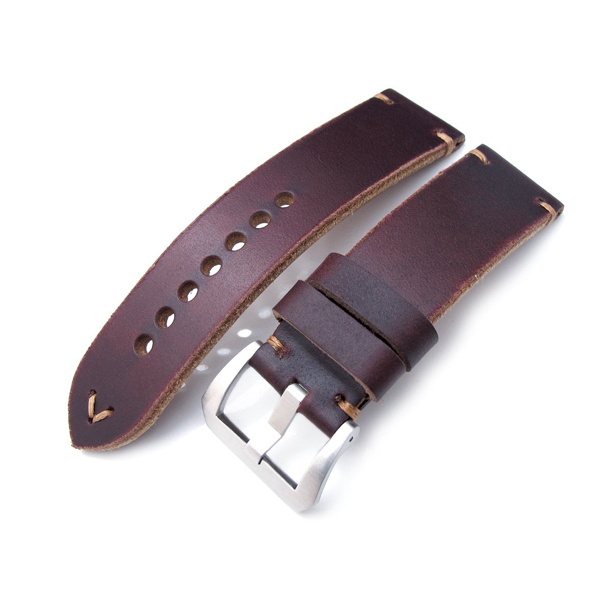 24mm MiLTAT Horween Chromexcel Watch Strap Burgundy Brown Brown Stitching Strapcode Watch Bands