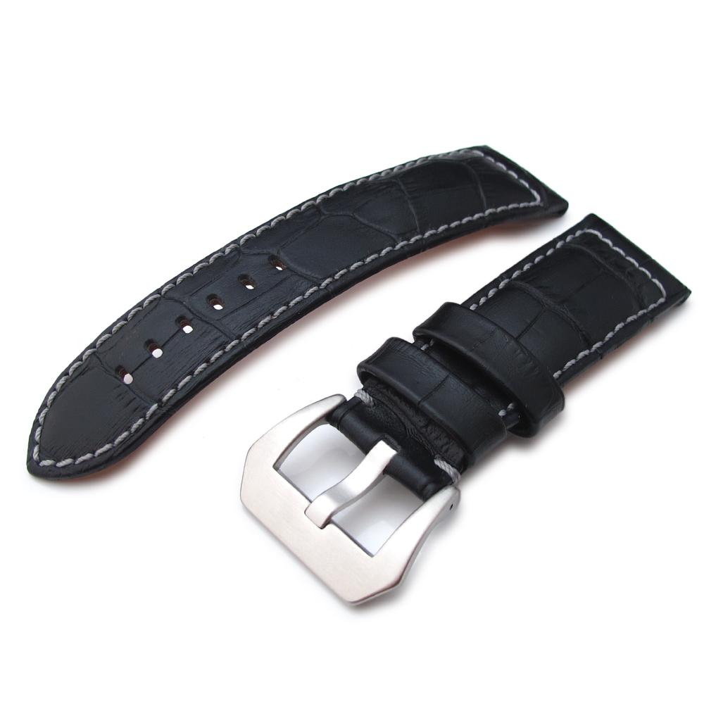24mm CrocoCalf (Croco Grain) Matte Black Watch Strap with Grey Stitches Strapcode Watch Bands