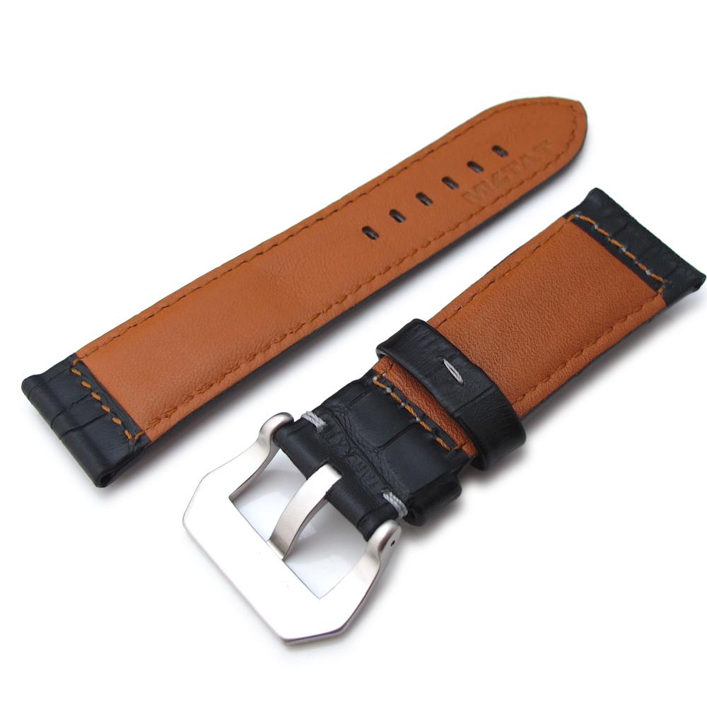 24mm CrocoCalf (Croco Grain) Matte Black Watch Strap with Grey Stitches Strapcode Watch Bands
