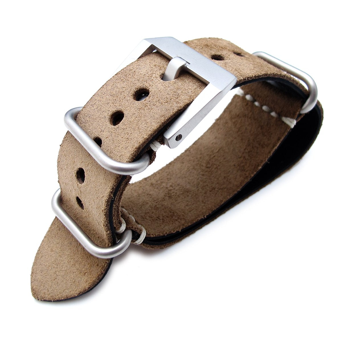 MiLTAT 24mm Nubuck Leather Grezzo Zulu watch strap Brown Thick armband - Beige Hand Stitch Strapcode Watch Bands