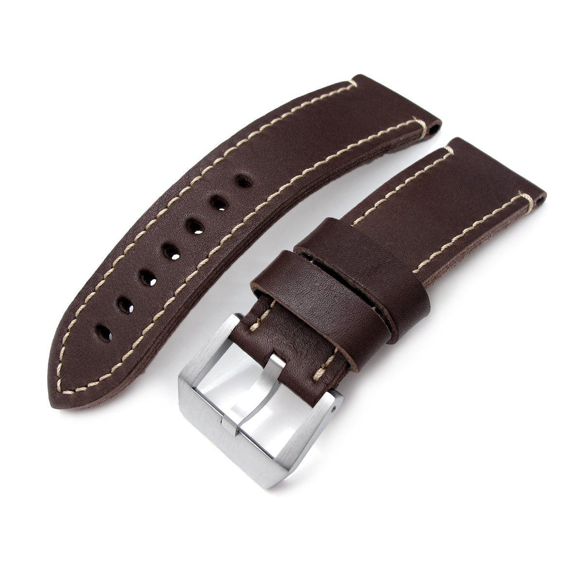 26mm MiLTAT Cashmere Calf Dark Brown Watch Strap Beige Hand Stitching Strapcode Watch Bands