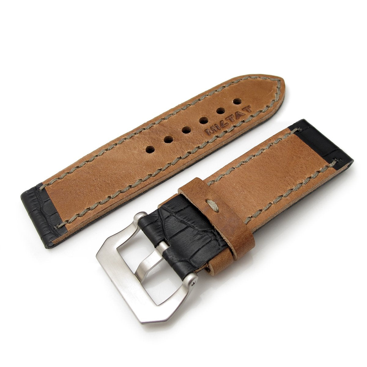 26mm MiLTAT Antipode Watch Strap Matte Black CrocoCalf in Grey Hand Stitches Strapcode Watch Bands