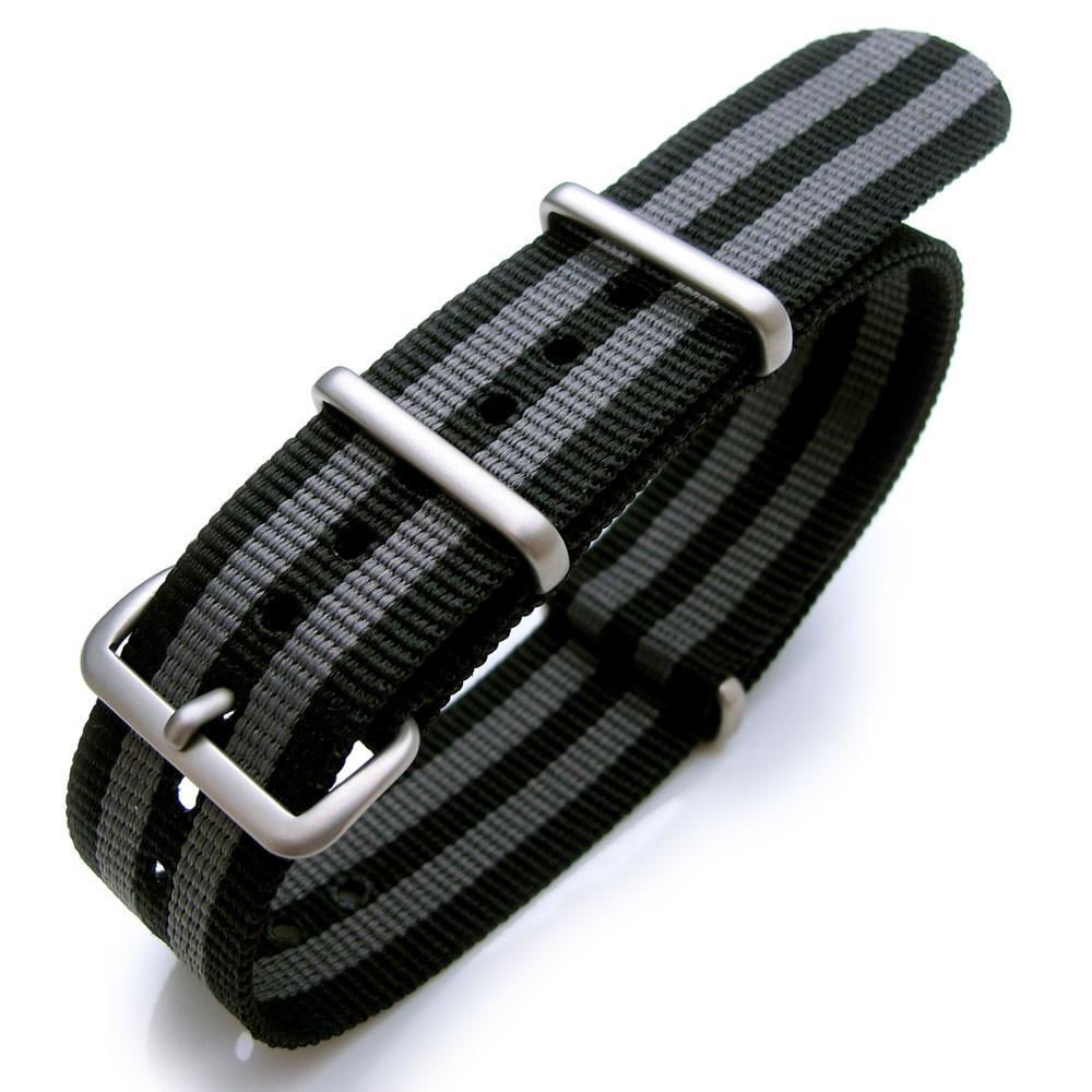 20mm or 22mm G10 Nato James Bond Heavy Nylon Strap Brushed Buckle NYJ Double Black &amp; Grey Strapcode Watch Bands