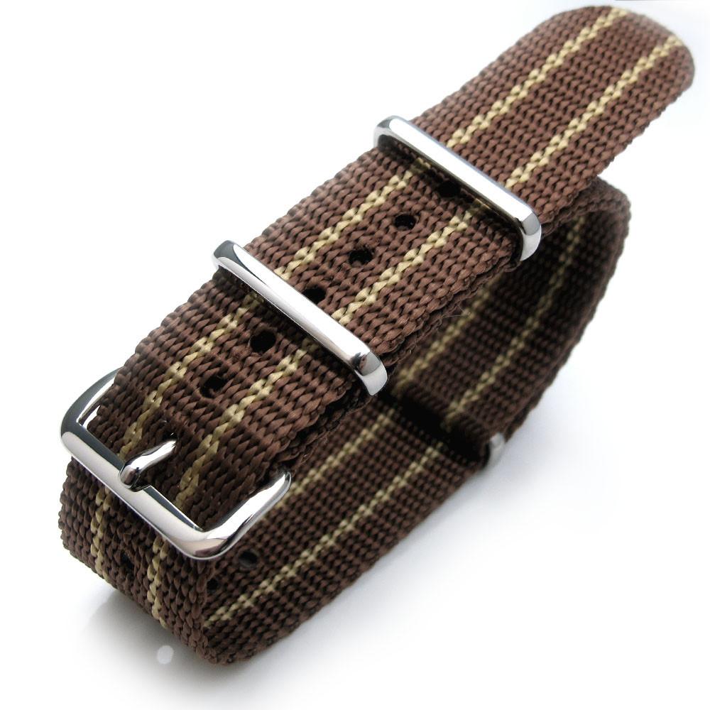 20mm G10 Nato James Bond Heavy Nylon Strap Polished Buckle JT21 Brown &amp; Yellow Strapcode Watch Bands