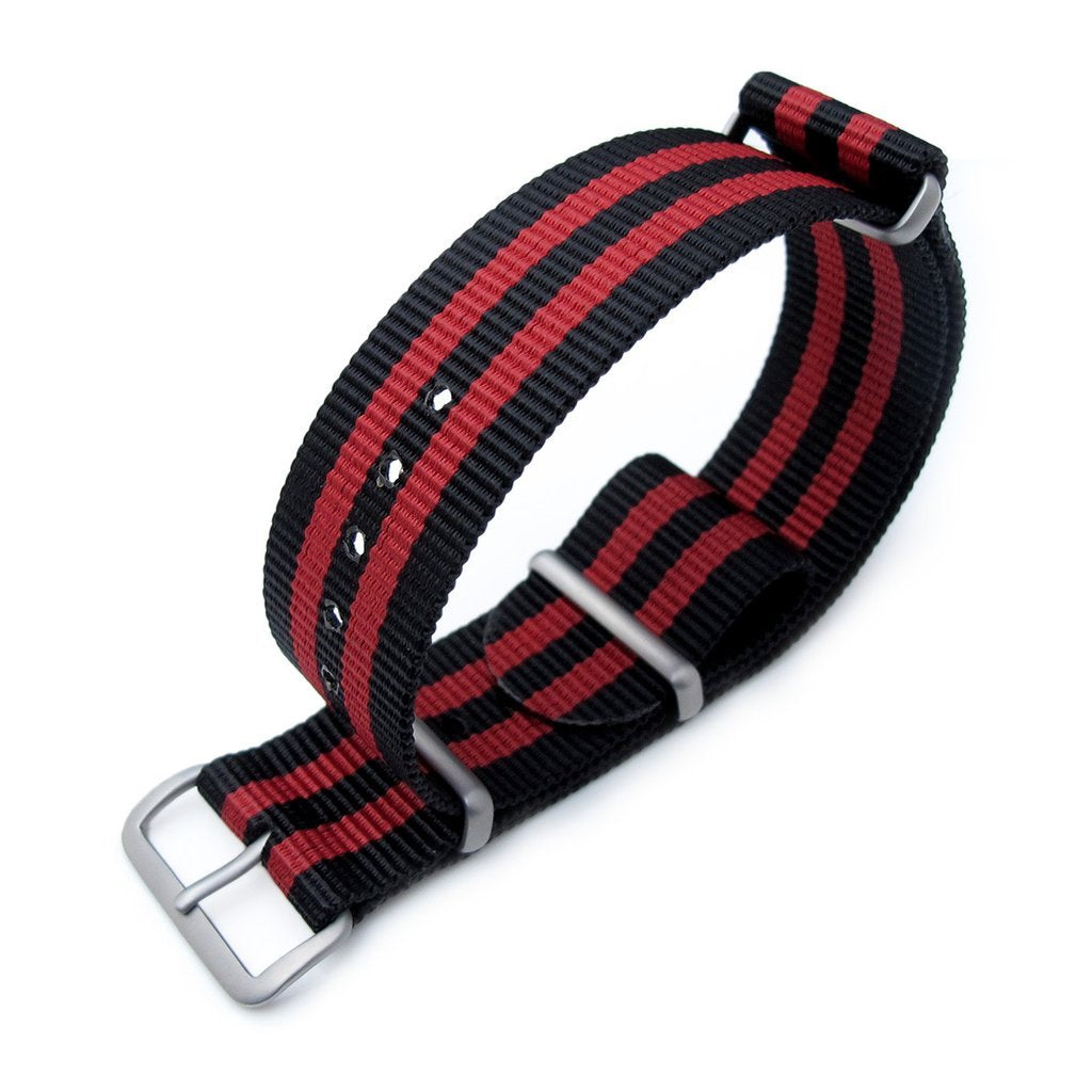 18mm 20mm 22mm or 24mm G10 Nato James Bond Heavy Nylon Strap Brushed Buckle J03 Double Black & Red Strapcode Watch Bands
