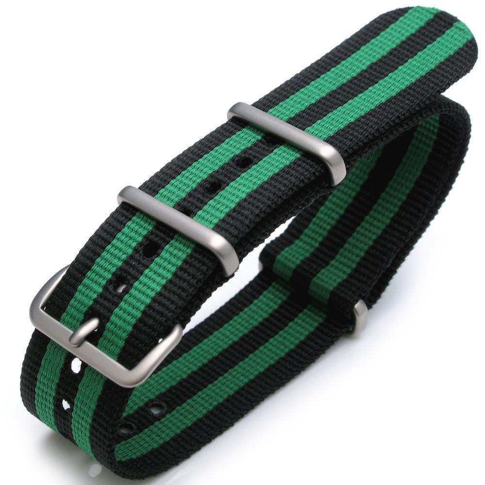22mm G10 Nato James Bond Heavy Nylon Strap Brushed Buckle J08 Double Black &amp; Green Strapcode Watch Bands