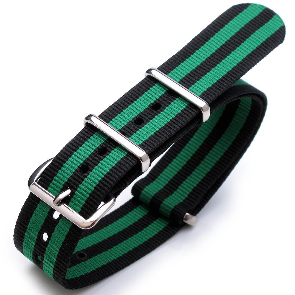 22mm G10 Nato James Bond Heavy Nylon Strap Polished Buckle J08 Double Black &amp; Green Strapcode Watch Bands