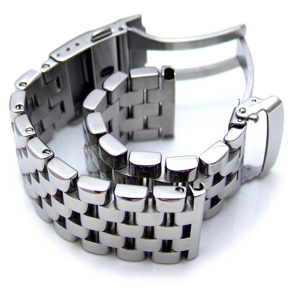 Polished Solid Link Steel Watch Bracelet Band - Strapcode