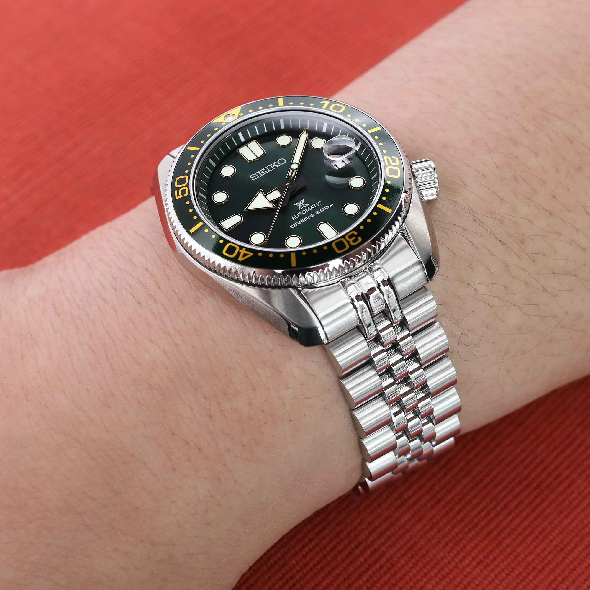 20mm Super-J Louis JUB Watch Band for Seiko Baby MM 200 SBDC061 SPB077 SBDC063, Stainless Steel Brushed with Polished Center, V-Diver Clasp