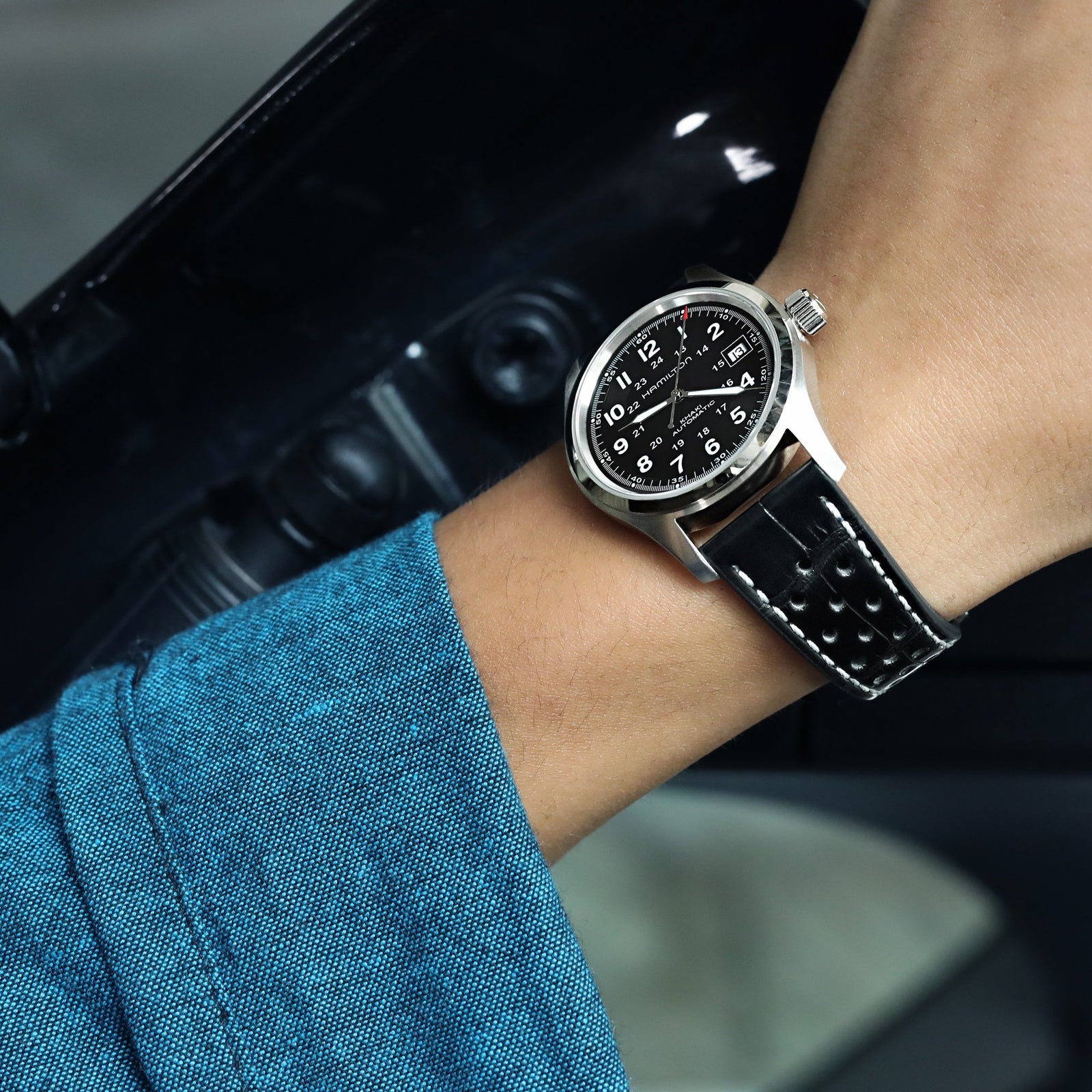 20mm MiLTAT Rally Racing Genuine Alligator Black Watch Strap Beige Stitching Strapcode Watch Bands