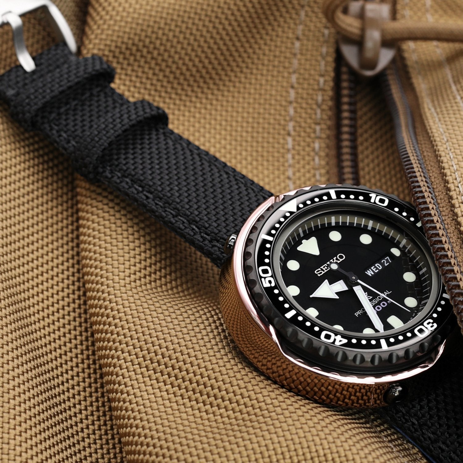 20mm, 21mm or 22mm Strong Texture Woven Nylon Black Watch Strap, Brush