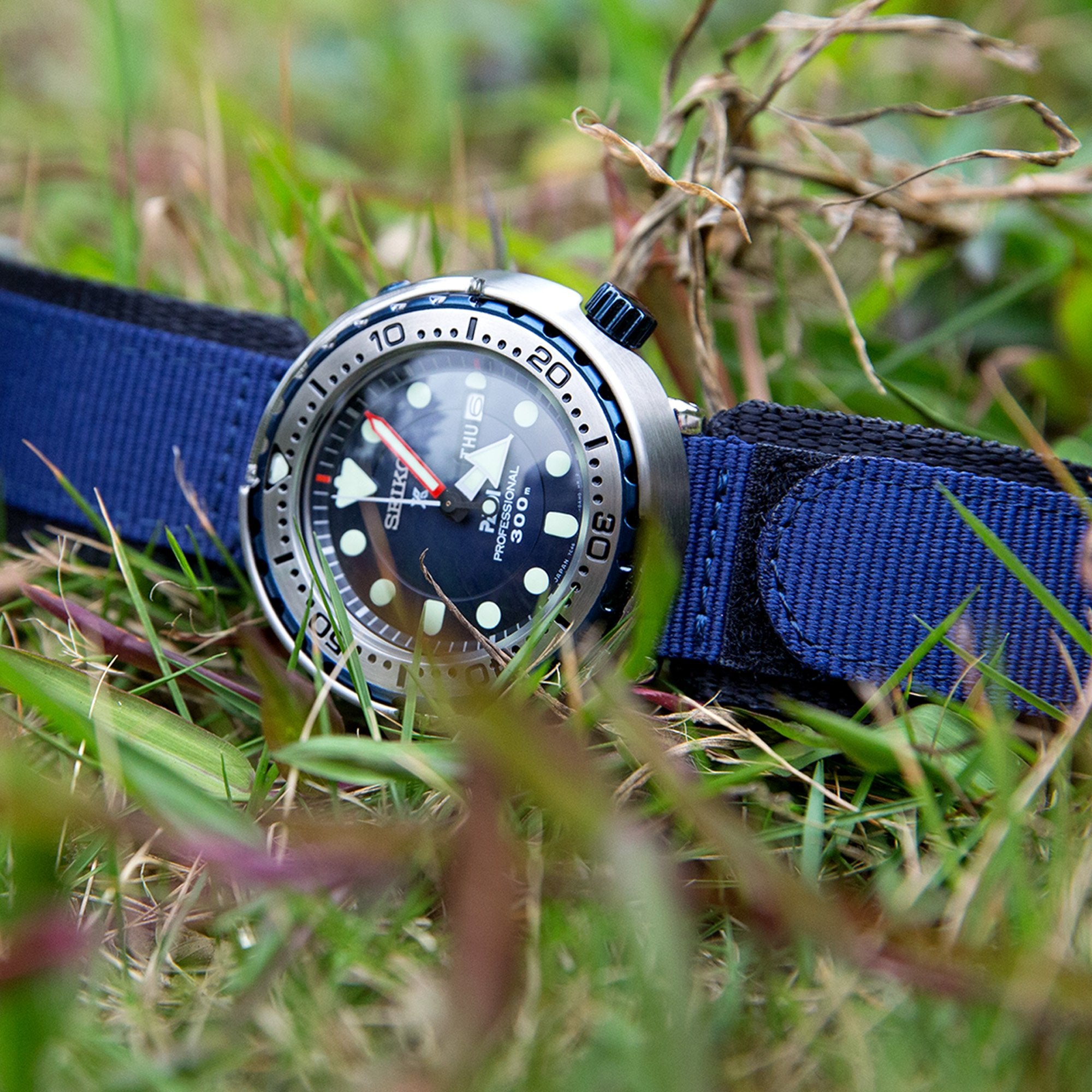 22mm MiLTAT Navy Blue Nylon Velcro Fastener Watch Strap, Brushed Stain -  Strapcode