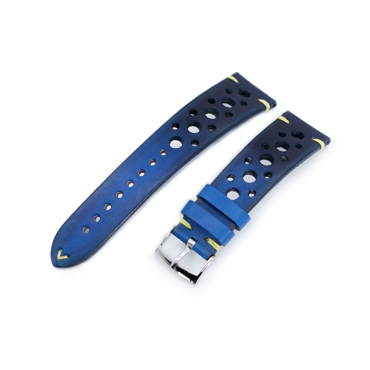 20mm or 22mm MiLTAT Italian Handmade Racer Vintage Jeans Blue Watch Strap Yellow Stitching Strapcode Watch Bands