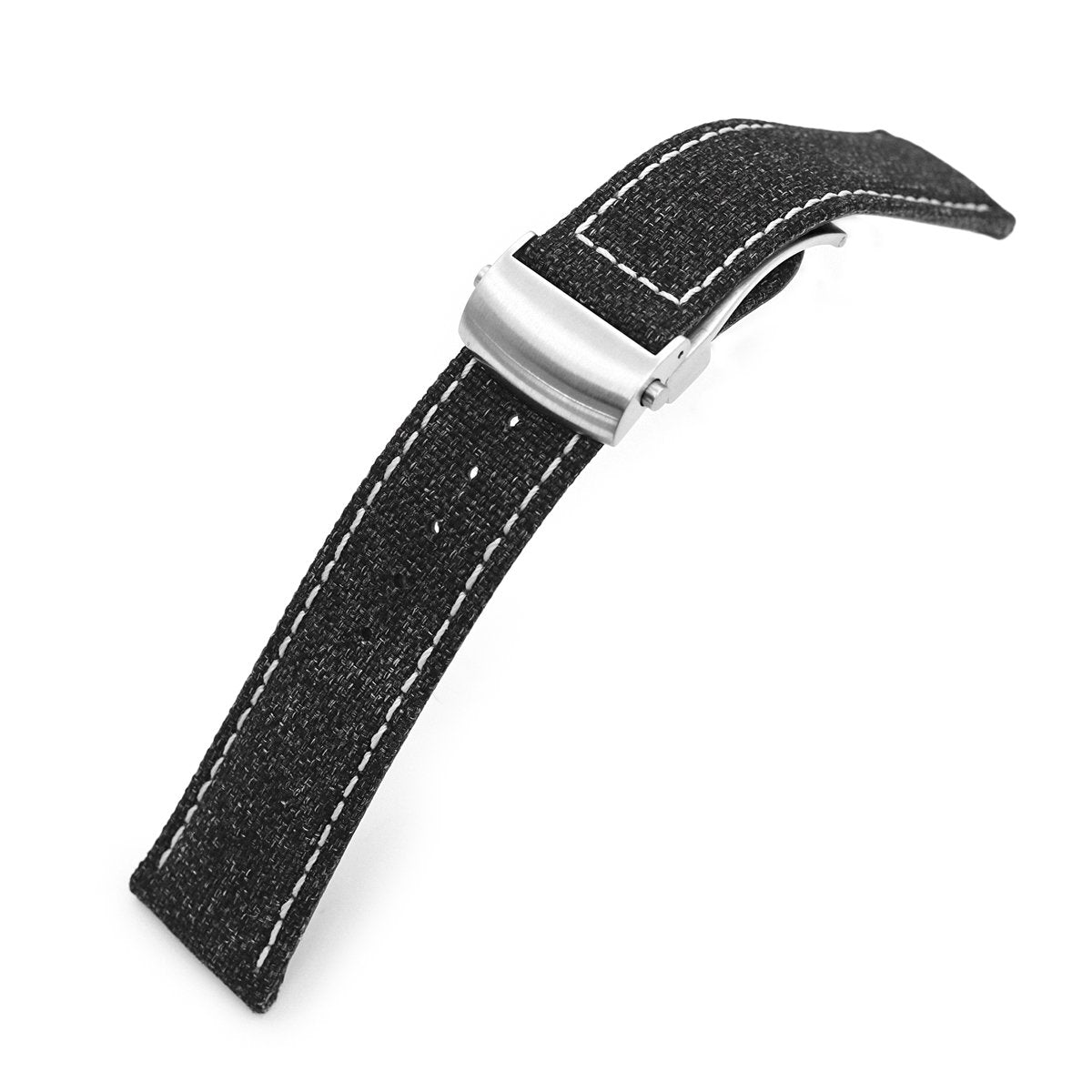 20mm or 22mm Black Canvas Watch Band Brushed Roller Deployant Buckle Beige Stitching Strapcode Watch Bands