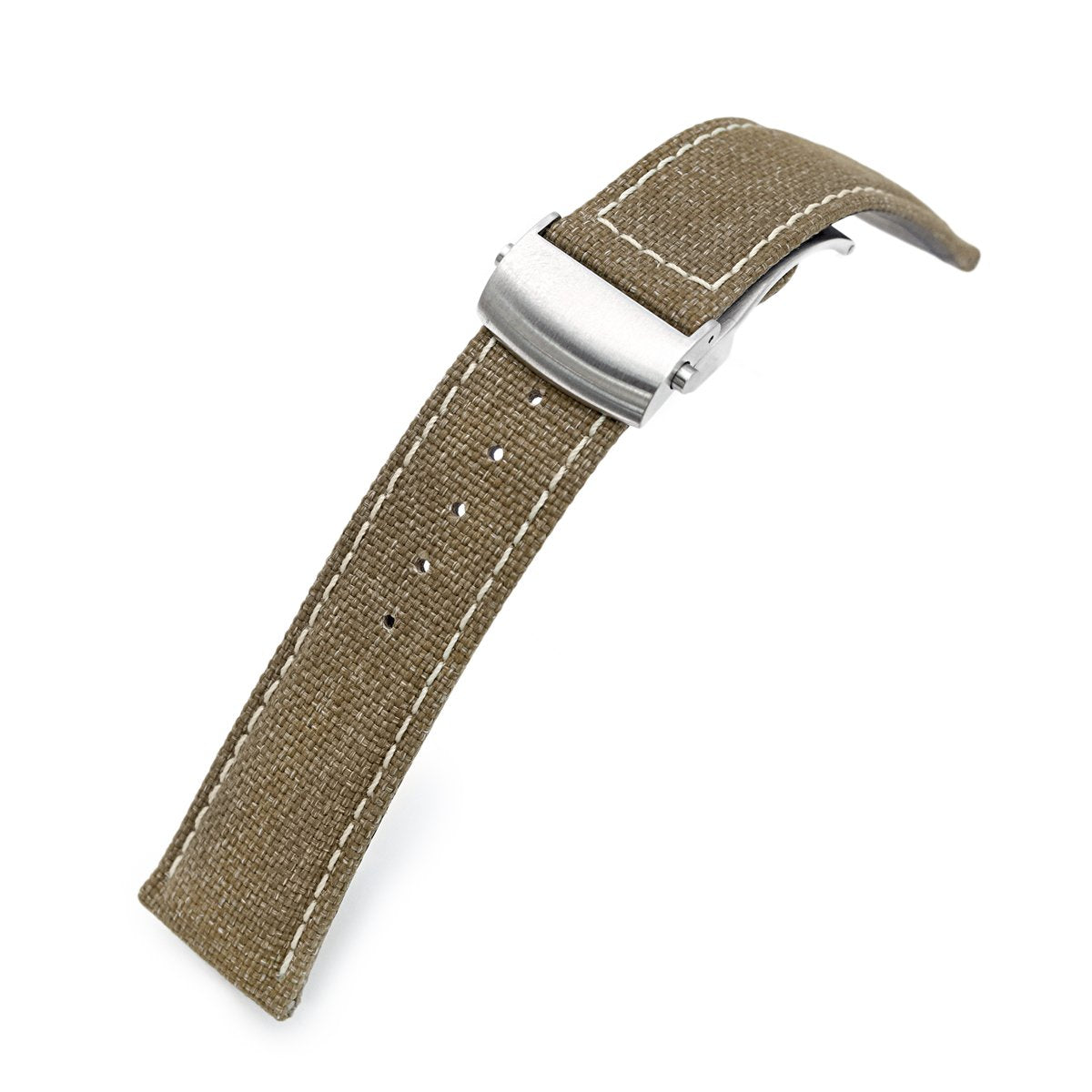 20mm or 22mm Khaki Canvas Watch Band Brushed Roller Deployant Buckle, -  Strapcode
