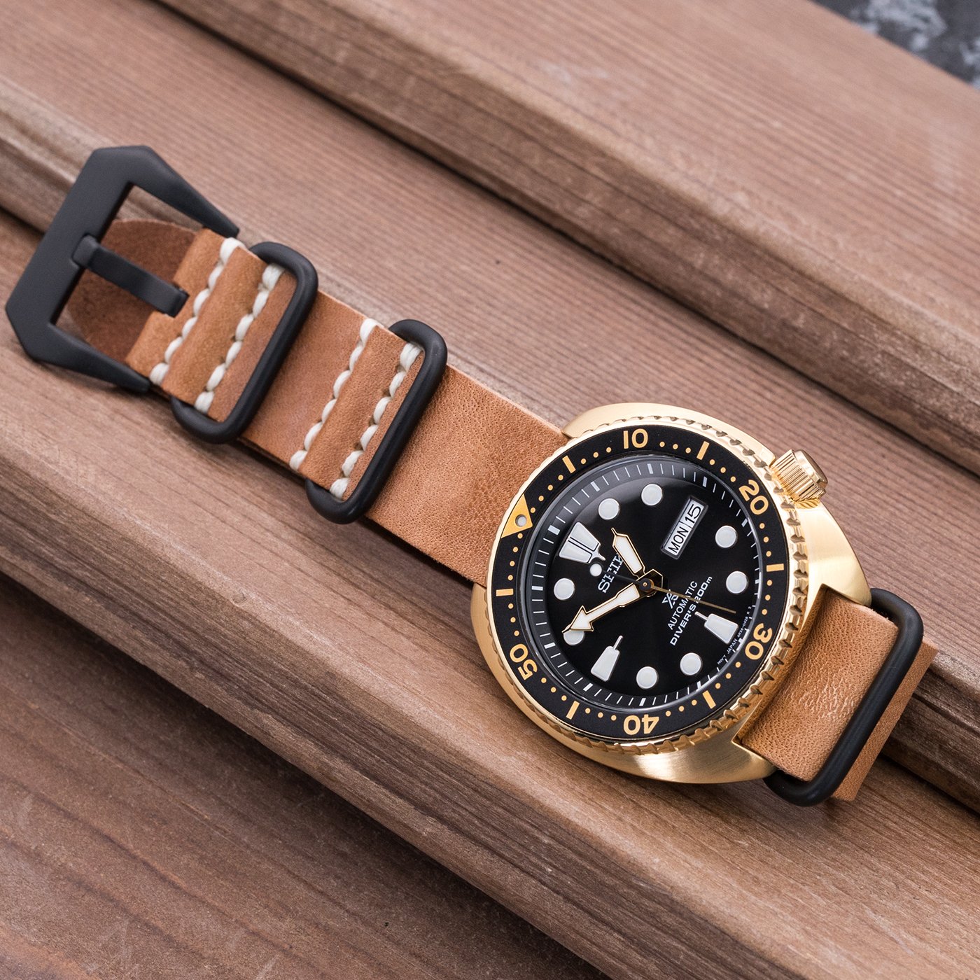 Leather Nato strap on Seiko New Turtle Prospex SRPC44 Diver Goldtone Case Strapcode Watch Bands