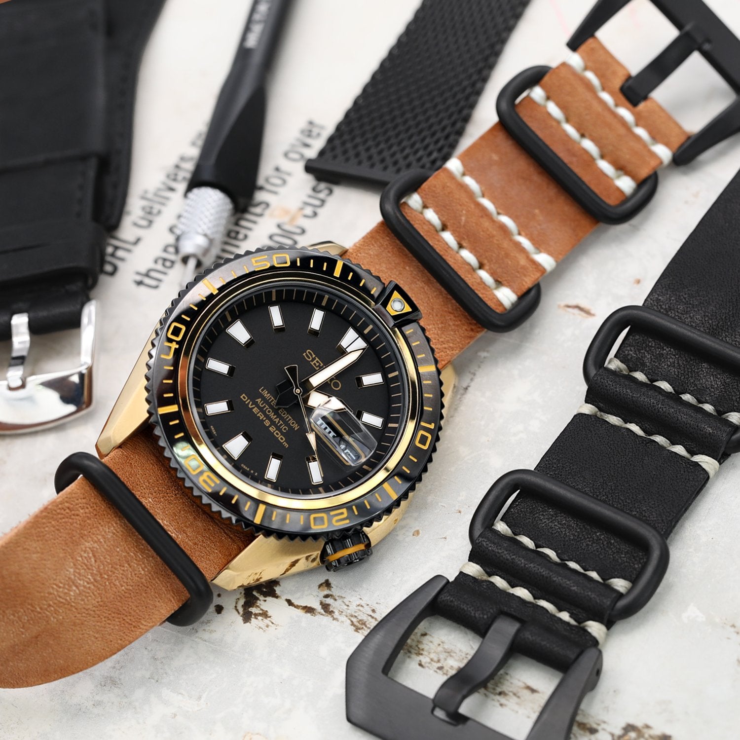 22mm Leather Nato Strap on Seiko Superior Limited Edition Stargate II SRP510 Gold Tone Diver Strapcode Watch Bands