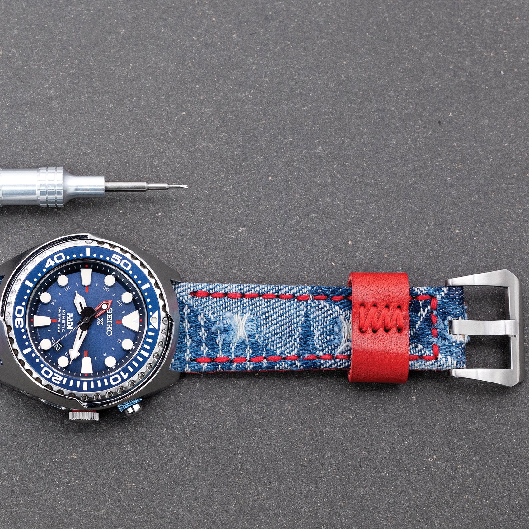 24mm MiLTAT Zizz Collection Distressed Denim Watch Strap Red Wax Hand Stitching Strapcode Watch Bands