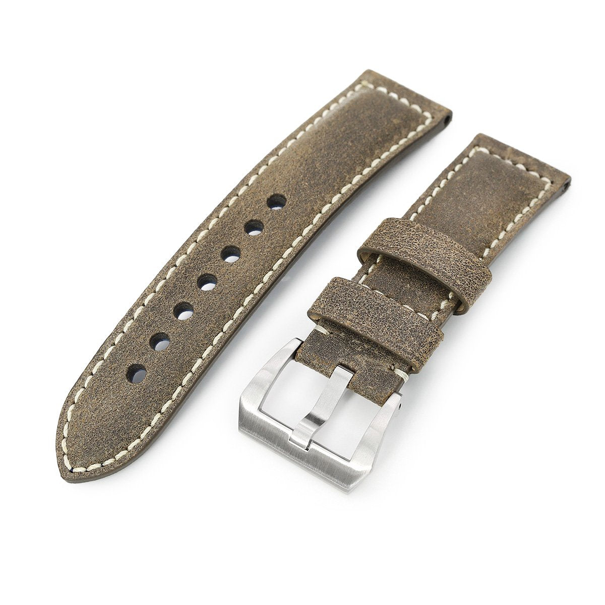 MiLTAT 24mm Genuine Olive Brown Distressed Leather Watch Strap Extra Soft Beige Stitching Strapcode Watch Bands