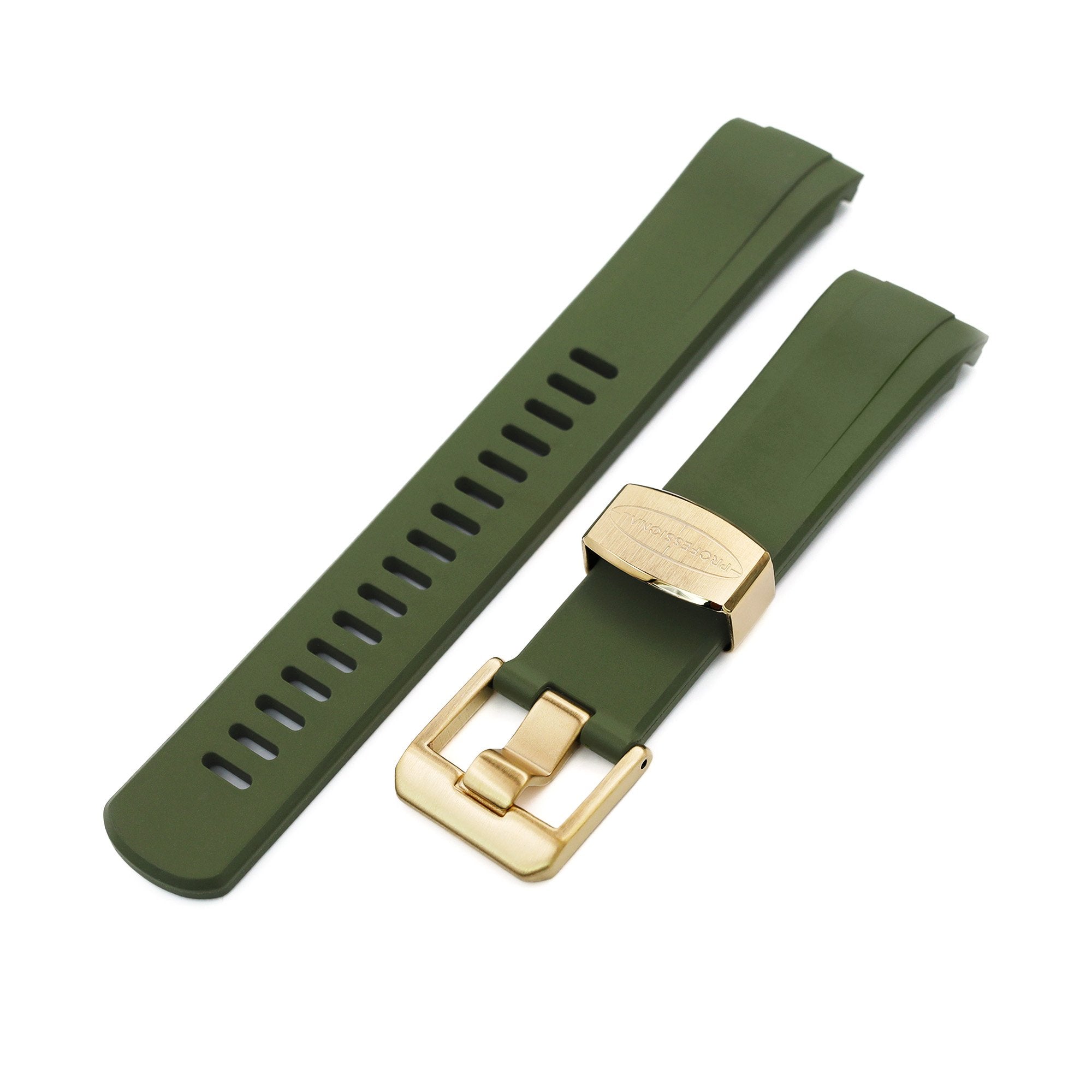 Crafter Blue 22mm Curved Lug End Military Green Rubber Dive Watch Strap for Seiko Gold Turtle SRPC44 IP Gold Buckle Strapcode Watch Bands