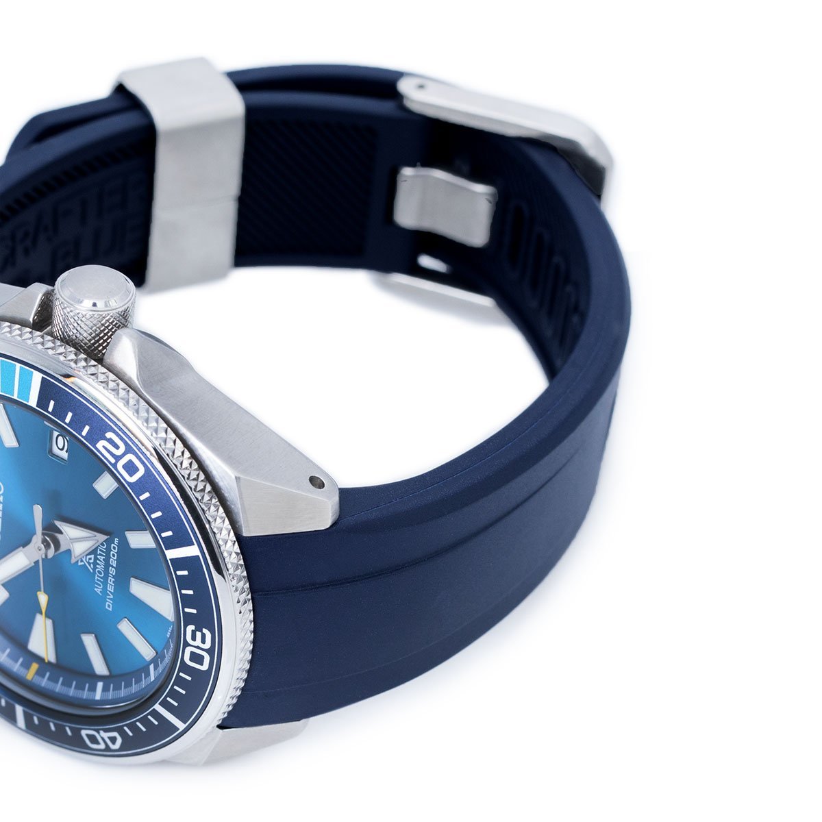 22mm Crafter Blue Dark Blue Rubber Curved Lug Watch Strap for Seiko Samurai SRPB51 Strapcode Watch Bands