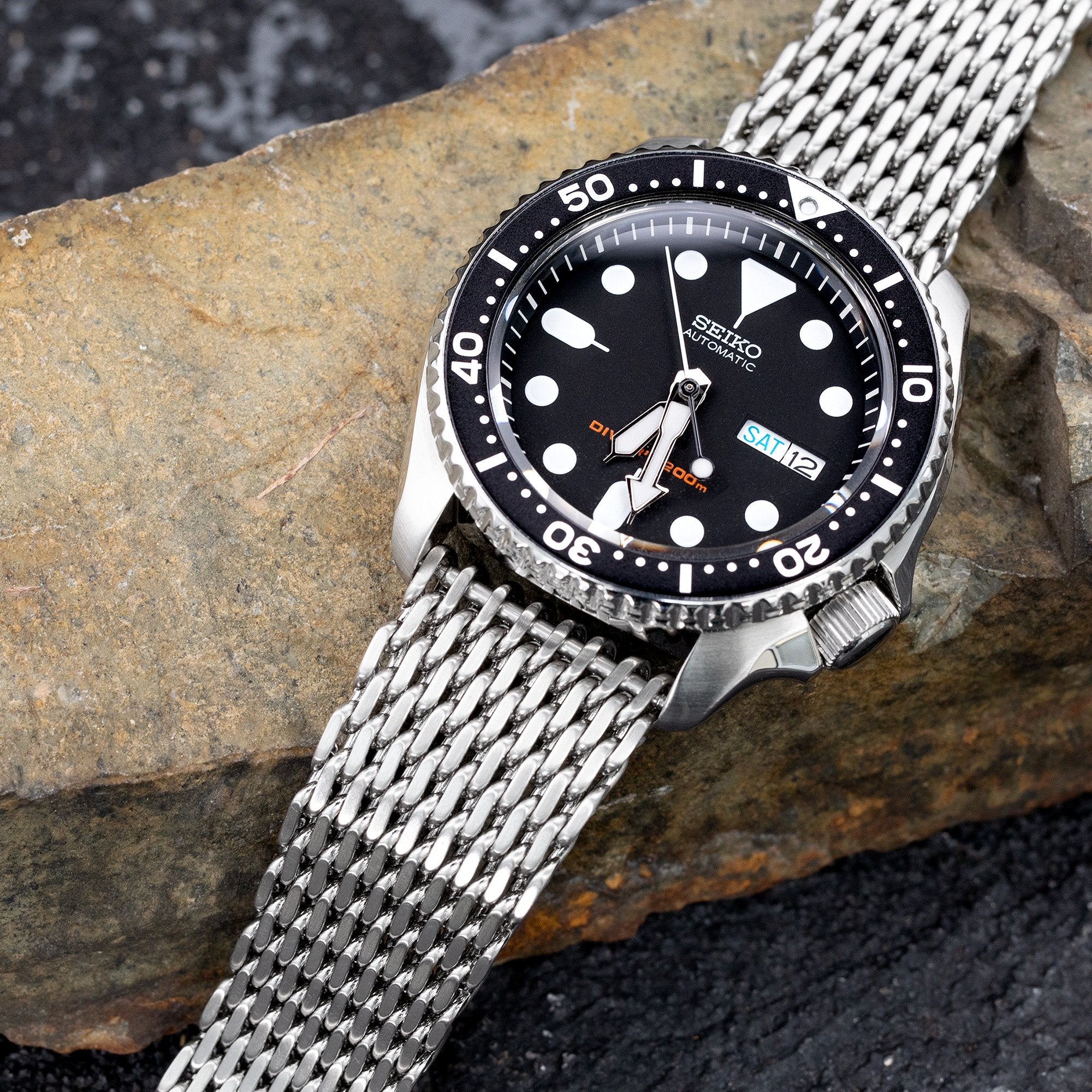 Shark Mesh - Cinturino per orologio da polso, in acciaio inox, con fibbia deployante, colore: argento, Size 4 Shark Mesh - Cinturino per orologio da polso, in acciaio inox, con fibbia deployante, colore: argento, Size 4