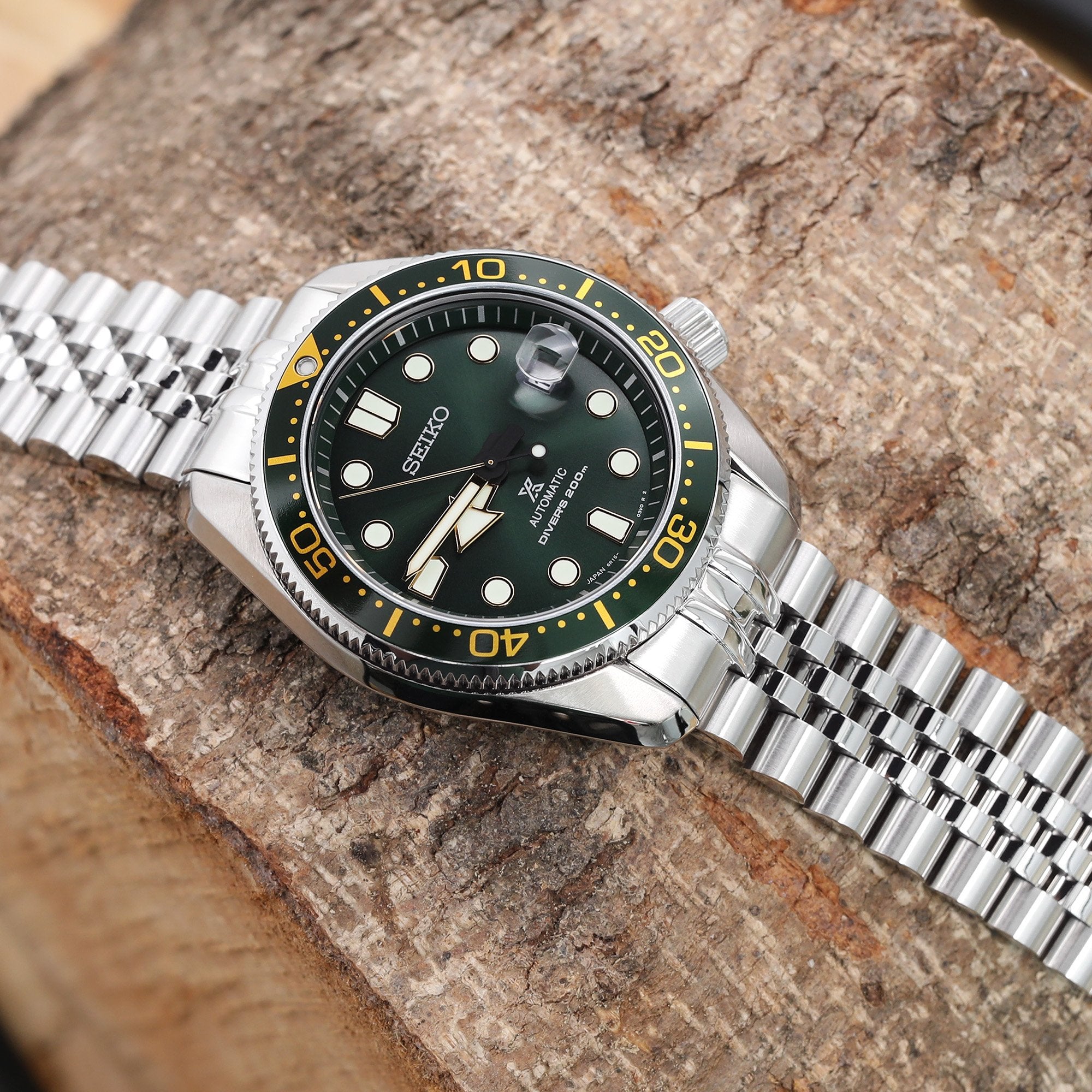 20mm Super-J Louis JUB Watch Band for Seiko Baby MM 200 SBDC061 SPB077 SBDC063, Stainless Steel Brushed with Polished Center, V-Diver Clasp