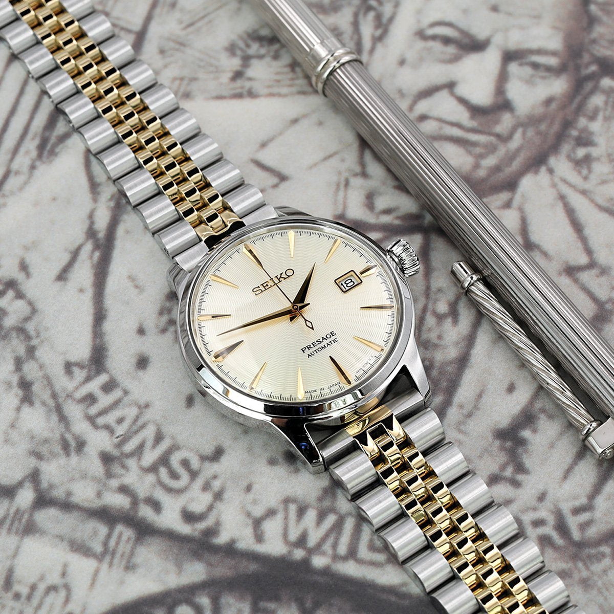 20mm Super-J Louis JUB 316L Stainless Steel Watch Bracelet Straight End, Two Tone IP Gold, Button Chamfer Strapcode Watch Bands