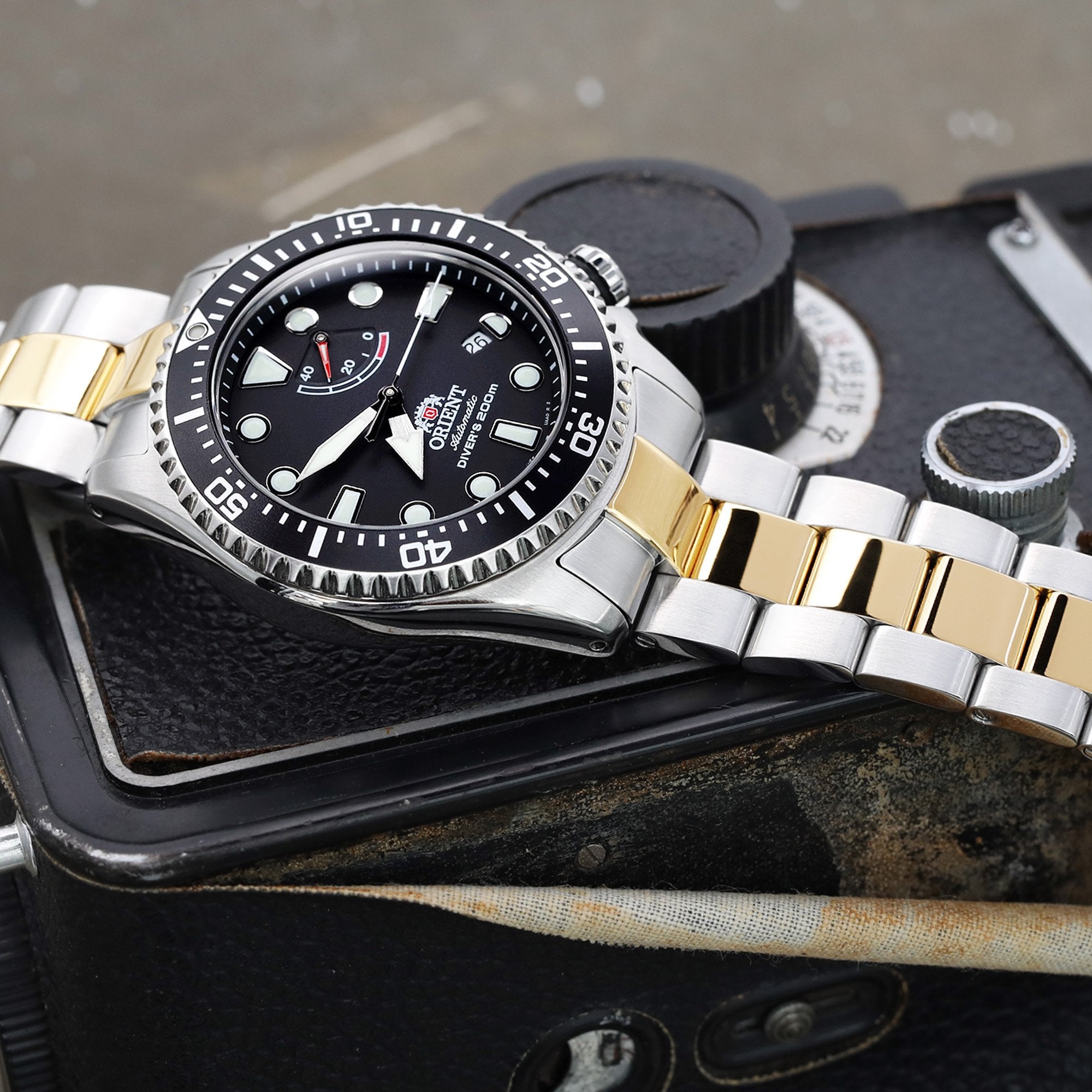 22mm Super-O Boyer Watch Band compatible with Orient Triton, 316L Stainless Steel Two Tone IP Gold V-Clasp