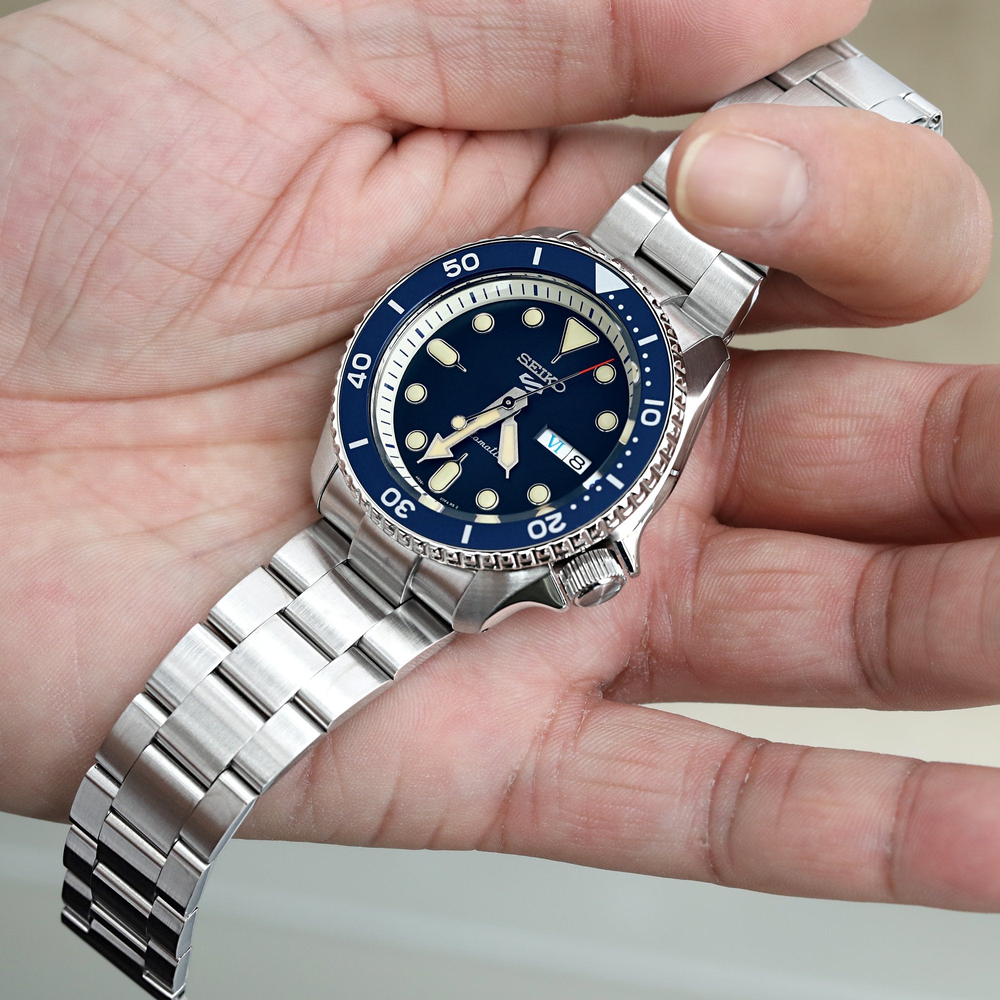 22mm Super-O Boyer Watch Band for Seiko Sports SRPD51 SRPD55 SBSA003, Stainless Steel Brushed, Wetsuit Ratchet Diver Clasp