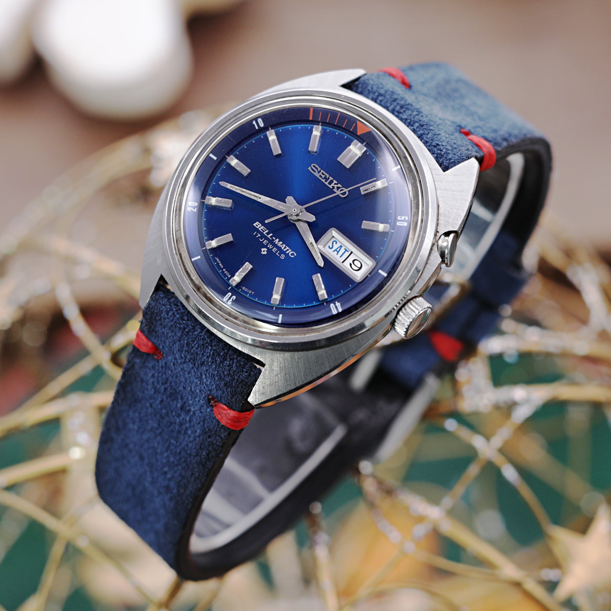 Strapcode 19mm Quick Release nubuck leather watch strap best matching with this blue vintage Seiko Bell-Matic