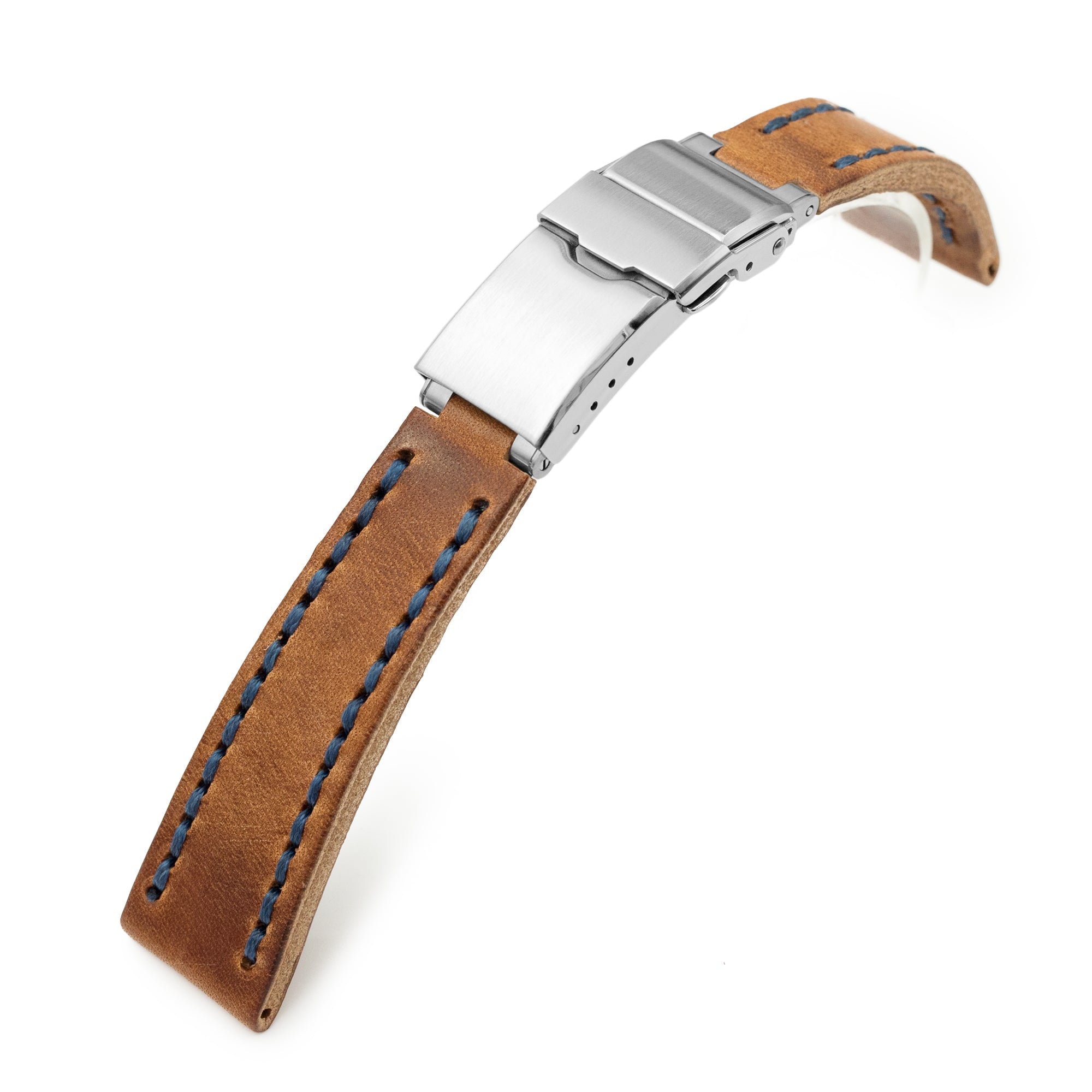 20mm Brown Griffon One-Piece Handcrafted Italian Leather Watch Band, Blue StitchStrapcode Watch Bands